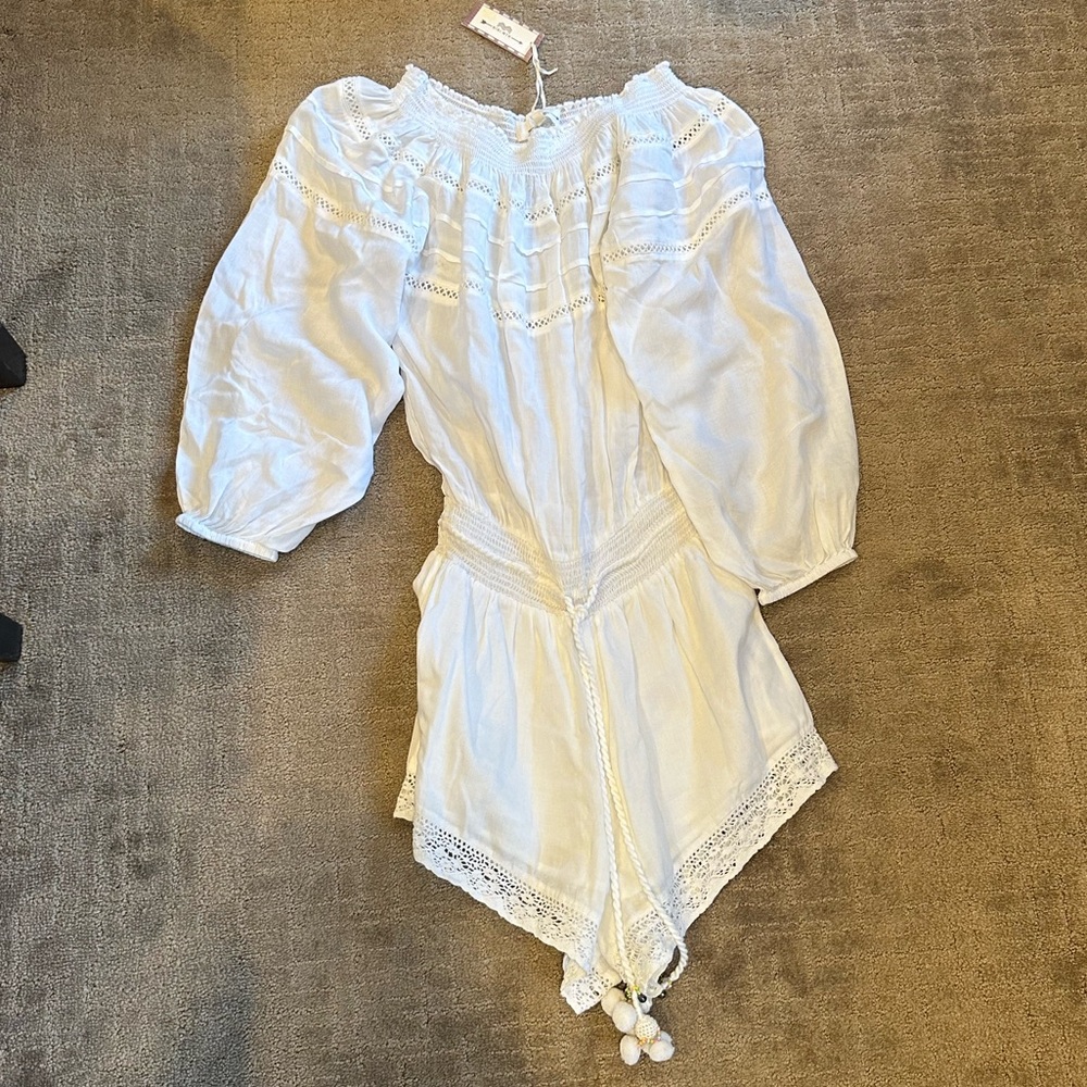 White Lace Trim Off-Shoulder Jumpsuit